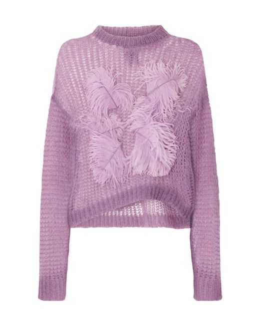 The Attico Purple Feather-Trimmed Crochet-Knit Mohair-Blend Sweater