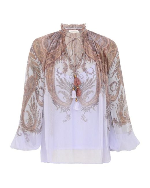 Zimmermann White Paisley-Print Ruffled Blouse