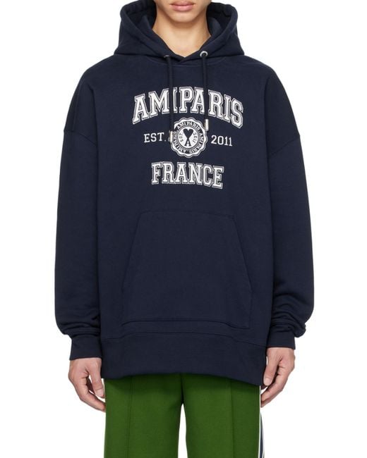 AMI Blue Logo-Printed Long-Sleeved Drawstring Hoodie for men