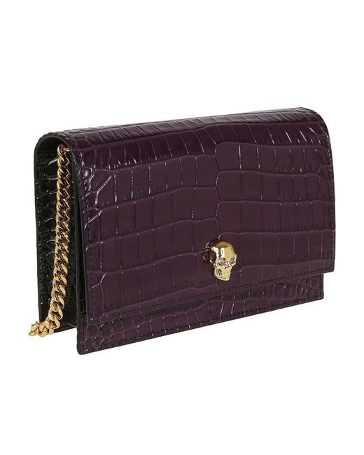 McQueen Purple Crocodile Embossed Skull Rivet Shoulder Bag