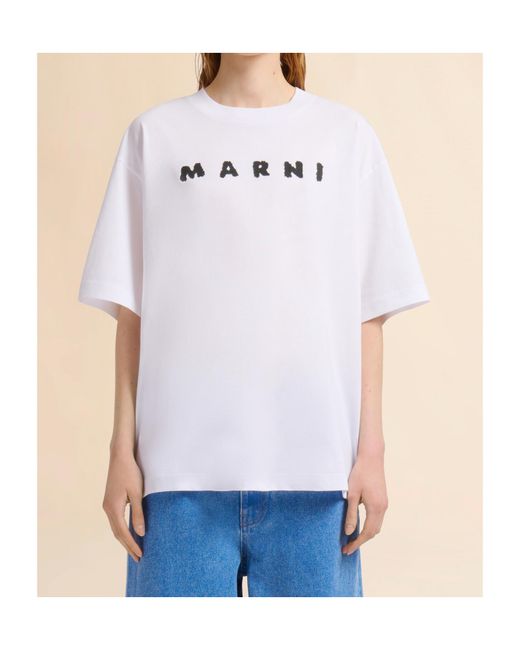 Marni White Logo Printed Crew Neck T-Shirt