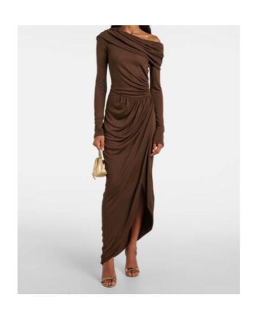 Oscar de la Renta Brown Off-Shoulder Jersey Gown