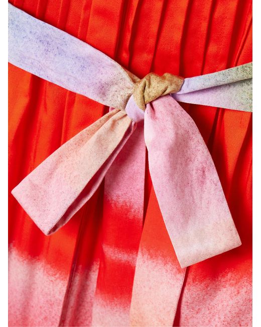 Oscar de la Renta Red Belted Pintucked Printed Cotton-Blend Poplin Maxi Dress