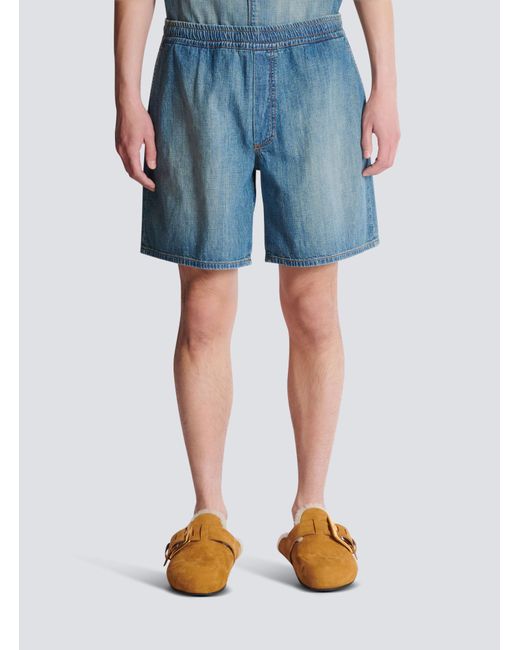 Balmain Blue Elastic-Waist Denim Shorts for men