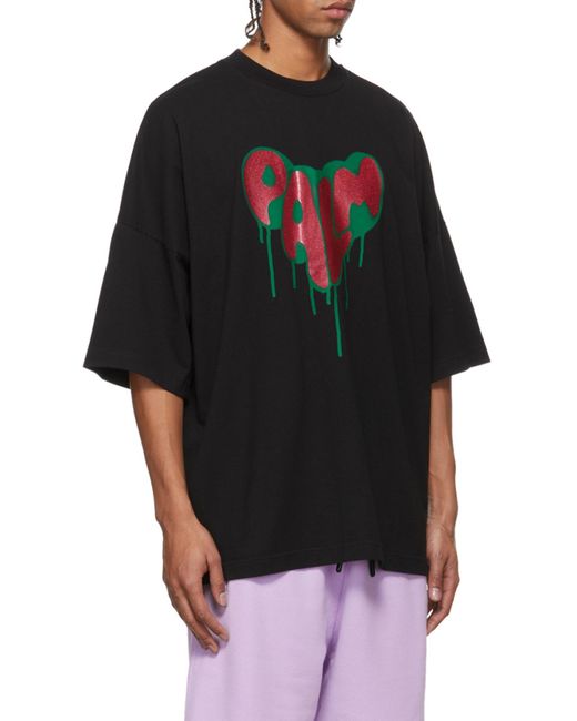 Palm Angels Black Spray Heart Cotton T-Shirt for men