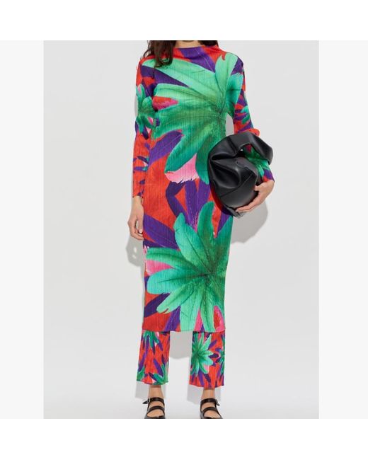 Pleats Please Issey Miyake Green Carnival Floral-Print Pleated Midi Dress