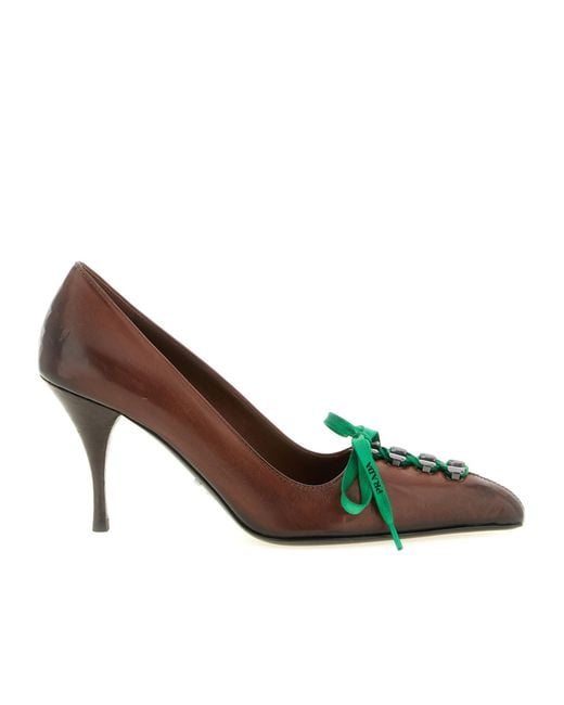 Prada Brown Lace-Up Kitten Heeled Pumps