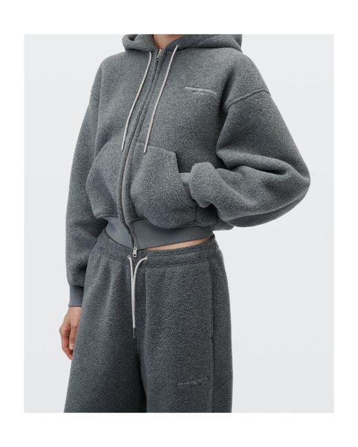 Alexander Wang Gray Crystal Drawcord Shrunken Zip-Up Hoodie