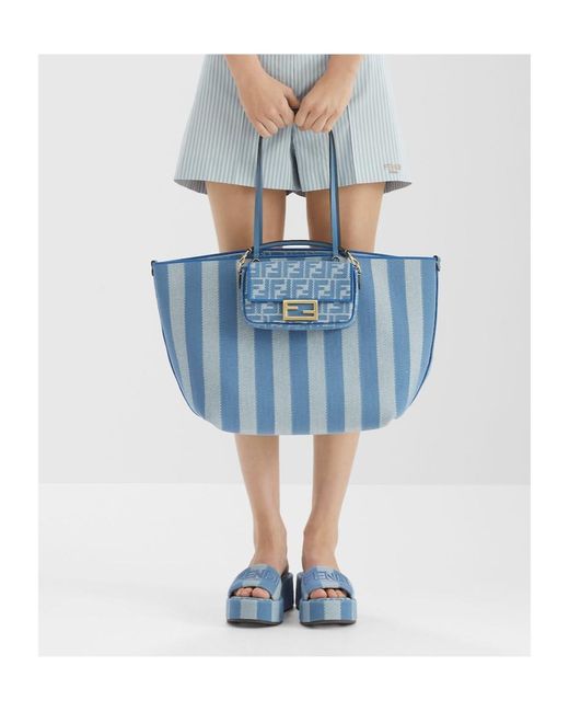 Fendi Blue Ff Jacquard Chain-Linked Tote Bag