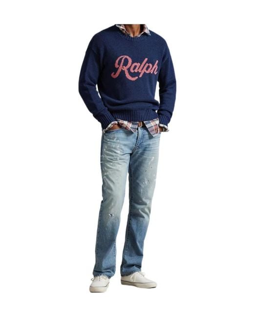 Polo Ralph Lauren Blue Logo Intarsia Knitted Sweater for men
