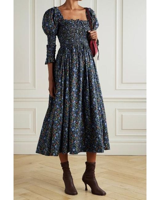Doen Black Bijou Shirred Floral-Print Organic Cotton-Voile Midi Dress