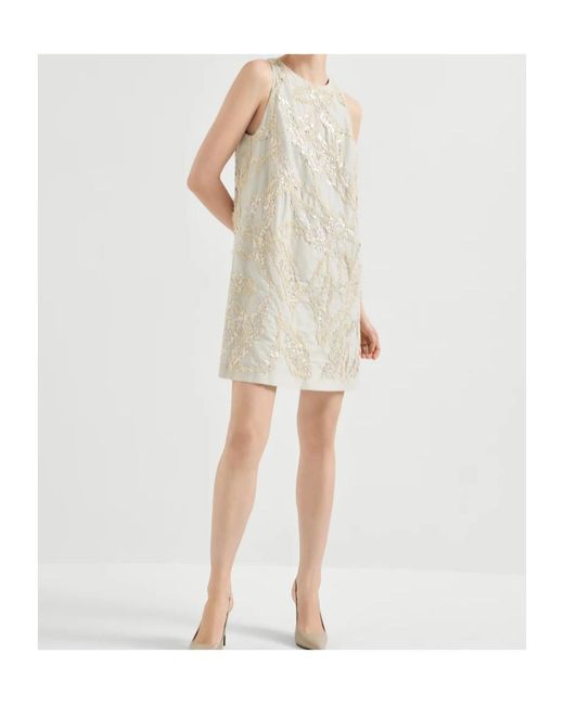 Brunello Cucinelli Natural Techno Cotton Poplin Mini Dress With Dazzling Seabed Embroidery