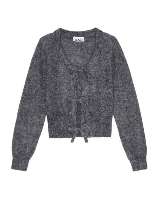 Ganni Gray Tie-Fastening Knit Cardigan