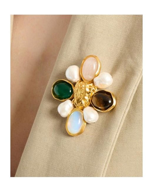 Balmain Metallic Cabochon Logo Brooch