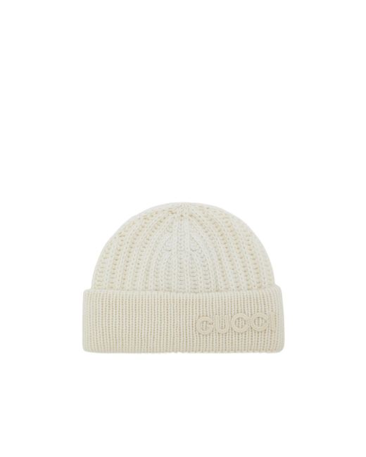 Gucci White Wool Cashmere Hat With Embroidery