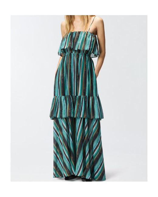 Pinko Green Brushed Striped Printed Long Muslin Dress