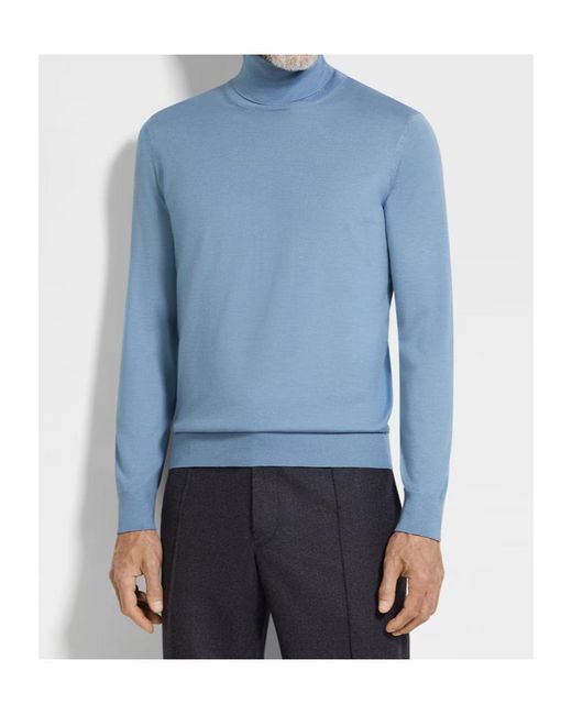 Zegna Blue Turtleneck Long-Sleeved Jumper for men