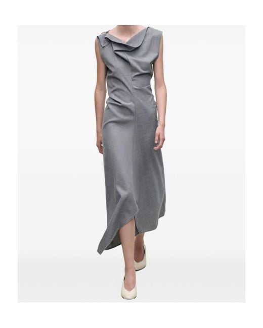 Victoria Beckham Gray Draped Asymmetric Hem Midi Dress