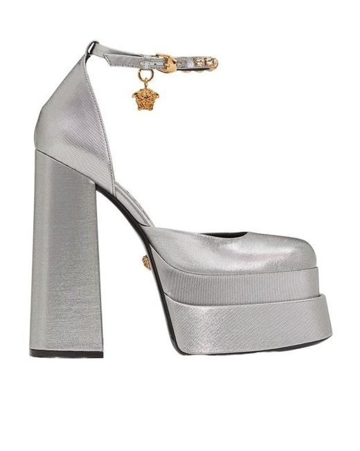 Versace Gray Block Heel Mules With Ankle Strap