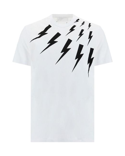 Neil Barrett White Thunderbolt-Print Cotton T-Shirt for men