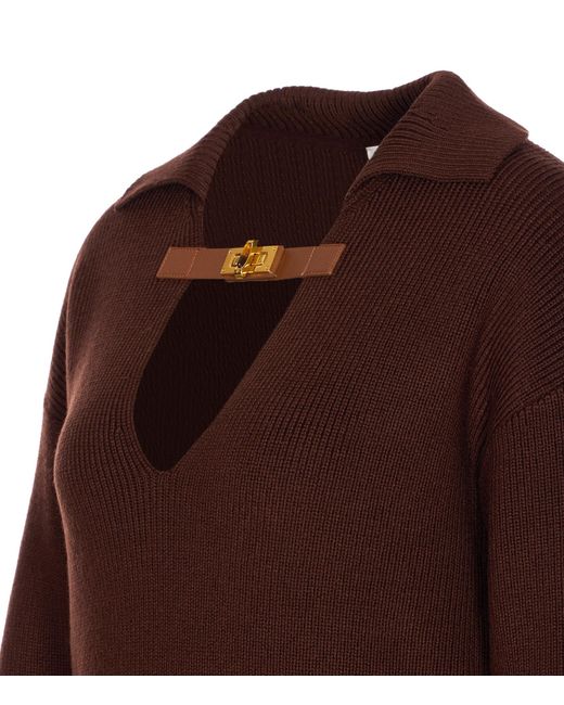 Elisabetta Franchi Brown Ribbed Knit Buckle-Detail Polo-Collar Jumper