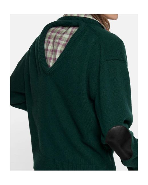 Acne Green V-Neck Leather-Patch Sweater
