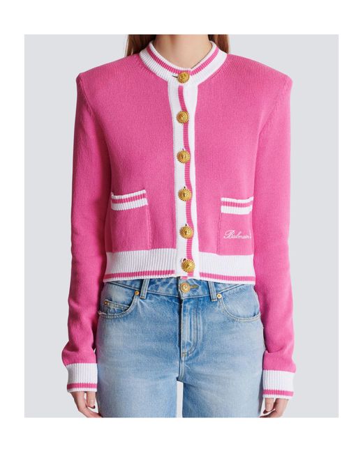 Balmain Pink Signature Button-Detail Cardigan
