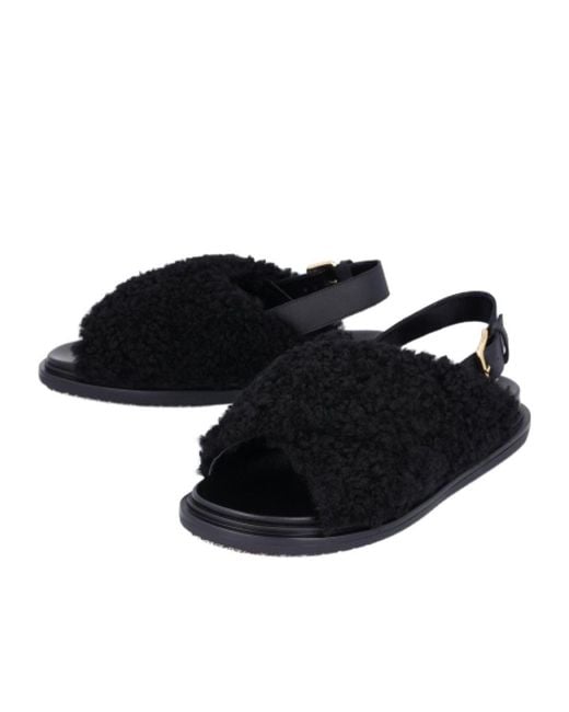 Marni Black Buckle Detailed Fluffy Sandals