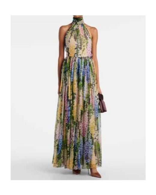 Oscar de la Renta Blue Floral Gathered Silk Chiffon Gown