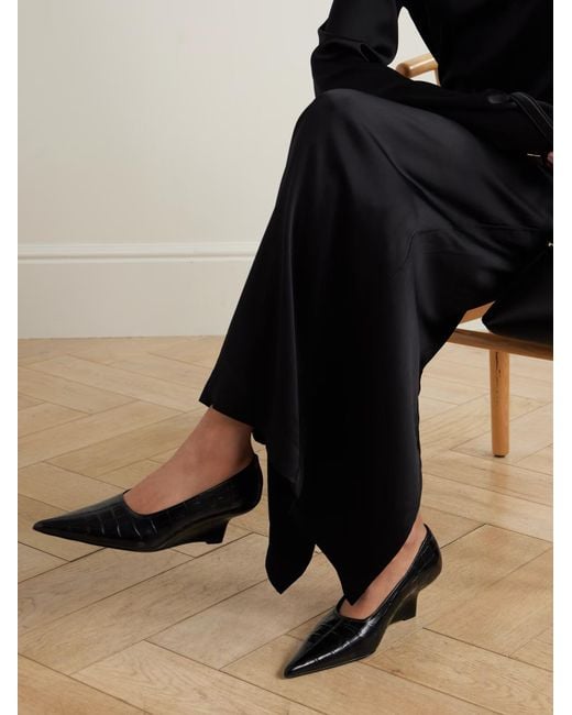 Totême Black Totême Pointed-Toe Embossed Wedge Pumps