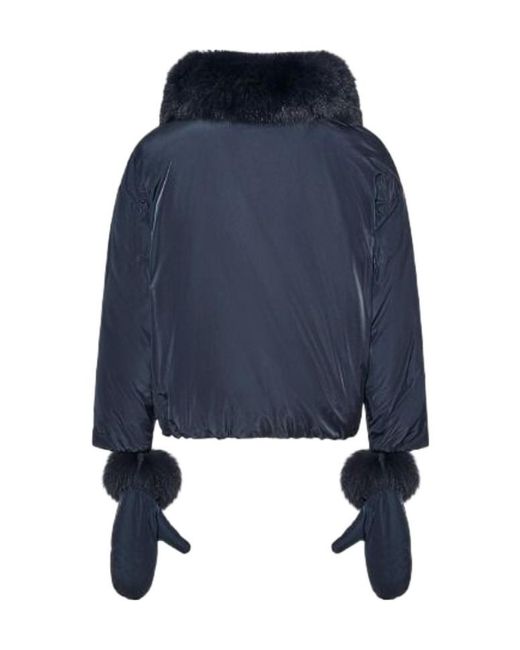 Yves Salomon Blue Short Technical Fabric Down Jacket With Detachable Fox Fur Collar