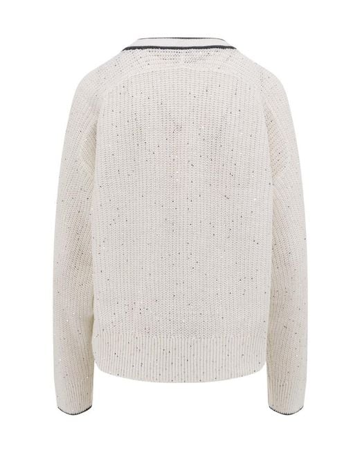 Brunello Cucinelli White V-Neck Sequin-Detailed Jumper