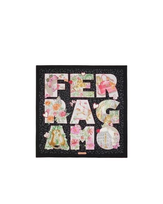 Ferragamo Black Printed Silk Scarf