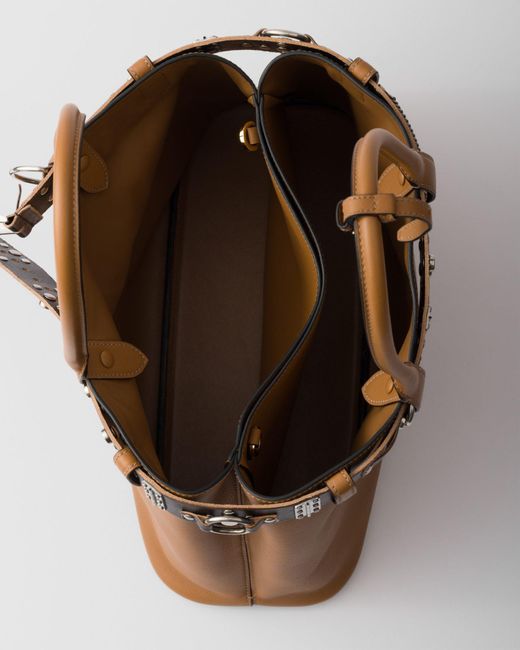 Prada Brown Buckle Large Leather Bag With Studded Belt