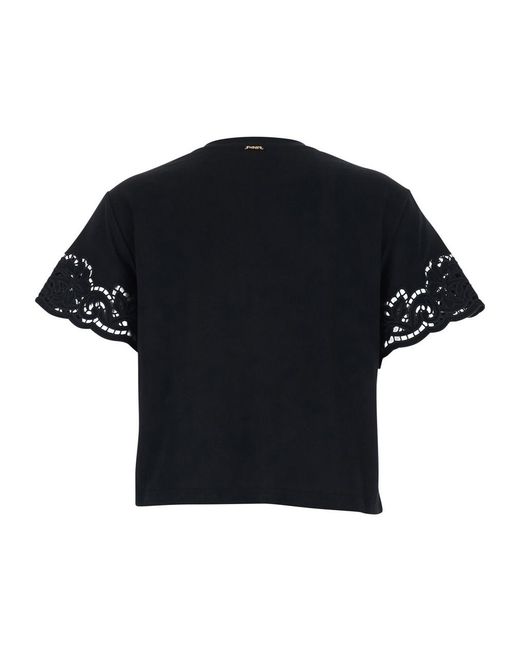 Twinset Black Floral Embroidered Cropped T-Shirt