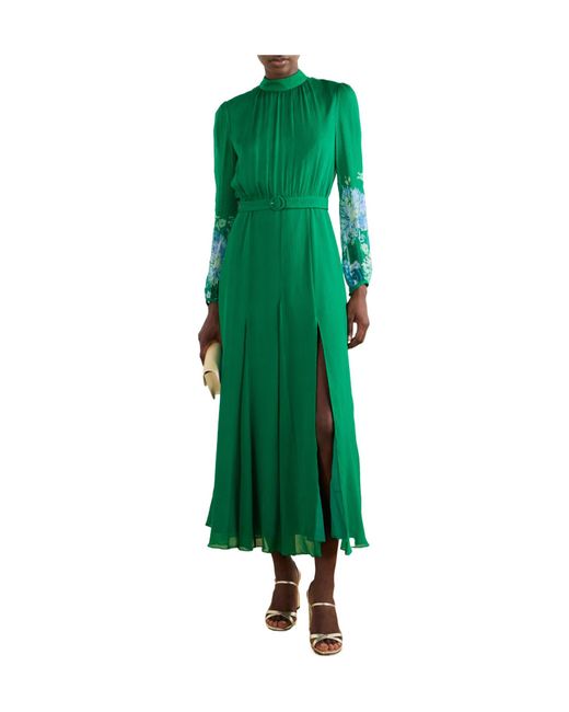 Saloni Green Jacqui D Belted Flower-Printed Silk-Chiffon Midi Dress