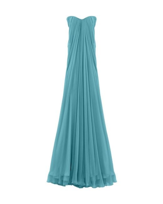 McQueen Blue Strapless Draped Maxi Dress