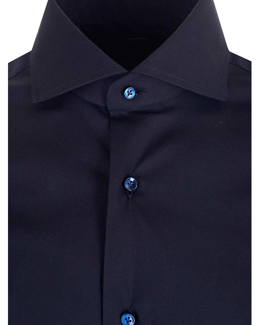 Barba Napoli Blue Long-Sleeved Straight Hem Shirt for men