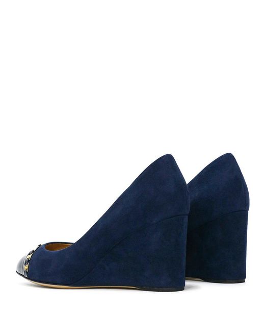 Ferragamo Blue Stitching Design Slope Heels