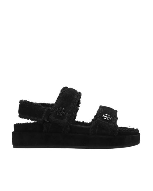 Tory Burch Black Double T-Plaque Touch-Strap Suede Sandals