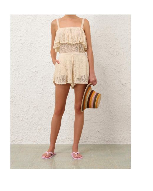 Zimmermann Natural Mahon Crochet-Knit Drawstring Shorts
