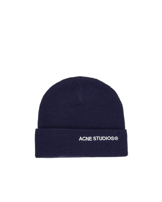Acne Blue Logo Embroidered Distressed Beanie
