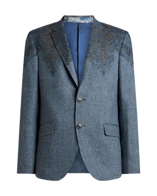 Etro Blue Single-Breasted Wool-Blend Jacket With Placed Paisley Pochette Print for men