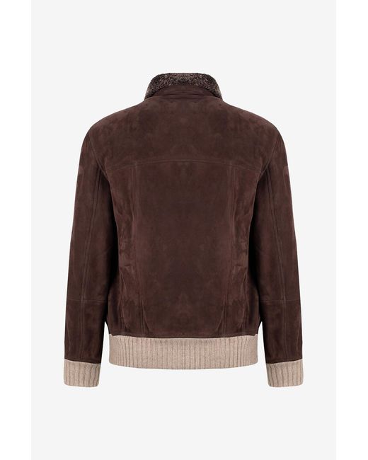 Brunello Cucinelli Brown High-Necked Long-Sleeved Leather Jacket for men