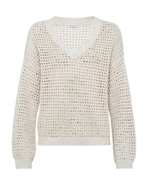 Brunello Cucinelli White V-Neck Knitted Jumper