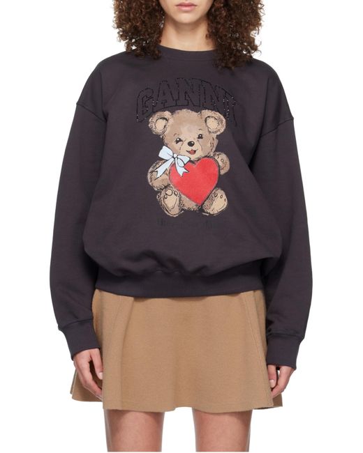 Ganni Gray Bear-Printed Crewnecj Sweatshirt