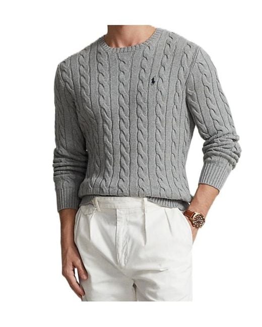 Polo Ralph Lauren Gray Logo Embroidered Cable-Knit Jumper for men
