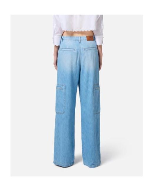 Elisabetta Franchi Blue Maxi Pockets Jewelled Detailed Cargo Jeans