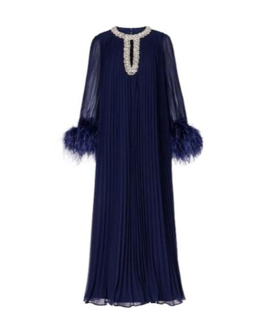Self-Portrait Blue Embellished Feather-Trimmed Chiffon Midi Dress