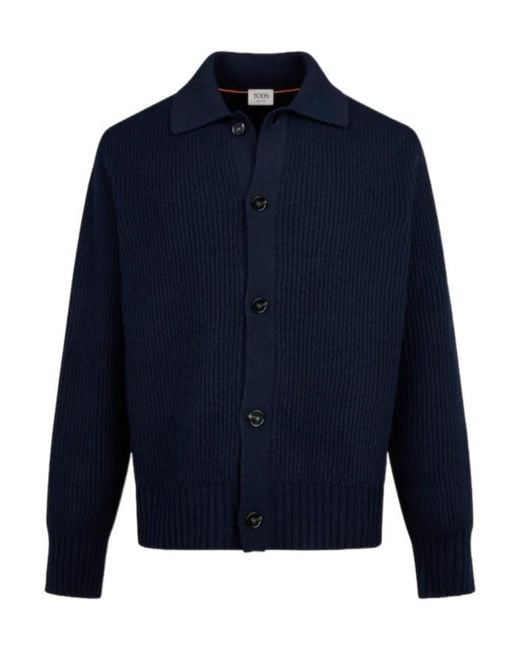 Tod's Blue Ribbed Polo-Collar Cardigan for men